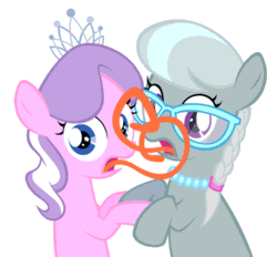 Size: 700x650 | Tagged: safe, diamond tiara, silver spoon, earth pony, pony, animated, female, filly, frown, glasses, holding hooves, jewelry, lesbian, licking, looking at you, meme, necklace, open mouth, pearl necklace, poni licking poni, shipping, silvertiara, simple background, tongue out, wat, white background, wide eyes