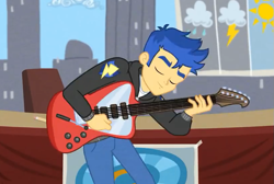 Size: 819x552 | Tagged: safe, screencap, flash sentry, best trends forever, better together, equestria girls, clothes, cropped, electric guitar, eyes closed, guitar, hoodie, male, pants, smiling, solo