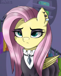 Size: 2053x2540 | Tagged: safe, artist:php97, fluttershy, pegasus, pony, fake it 'til you make it, clothes, ear piercing, earring, eyeshadow, female, fluttergoth, jewelry, makeup, mare, piercing, solo