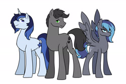 Size: 3000x2000 | Tagged: safe, artist:kianamai, oc, oc only, oc:prince illusion, oc:princess nidra, oc:valiant heart, earth pony, hybrid, pegasus, pony, unicorn, disguise, female, interspecies offspring, kilalaverse, male, mare, next generation, offspring, parent:discord, parent:oc:supernova, parent:princess cadance, parent:princess celestia, parent:princess luna, parent:shining armor, parents:canon x oc, parents:dislestia, parents:shiningcadance, simple background, stallion, white background