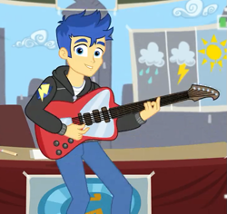 Size: 735x695 | Tagged: safe, screencap, flash sentry, best trends forever, better together, equestria girls, clothes, cropped, cute, diasentres, guitar, hoodie, looking at you, male, pants, smiling