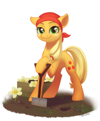 Size: 1935x2341 | Tagged: safe, artist:taneysha, applejack, earth pony, pony, bandana, dirt, female, flower, gardening, looking at you, mare, shovel, smiling, solo