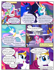 Size: 612x792 | Tagged: safe, artist:newbiespud, edit, edited screencap, screencap, pinkie pie, princess celestia, princess luna, rarity, twilight sparkle, unicorn twilight, alicorn, earth pony, pegasus, pony, unicorn, comic:friendship is dragons, the best night ever, background pony, clothes, comic, dialogue, dress, ethereal mane, female, gala dress, grin, jewelry, lying, male, mare, screencap comic, smiling, stallion, starry mane, tiara