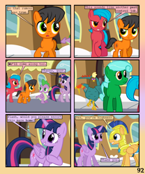 Size: 900x1080 | Tagged: safe, artist:lister-of-smeg, flash sentry, spike, twilight sparkle, twilight sparkle (alicorn), oc, oc:crosspatch, oc:lazybug, oc:scavenger (lister-of-smeg), oc:winter squash, alicorn, cockatrice, dragon, earth pony, pegasus, pony, comic:crystal heart attack, colt, comic, female, male, mare