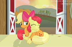 Size: 2948x1937 | Tagged: safe, artist:shutterflyeqd, apple bloom, applejack, earth pony, pony, adorabloom, crying, cute, eyes closed, female, hug, jackabetes, mare, sisters, sitting, tears of joy