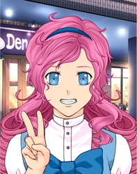 Size: 3254x4120 | Tagged: safe, pinkie pie, human, absurd resolution, anime, bow, female, hairband, happy, humanized, peace sign, rinmarugames, smiling, solo