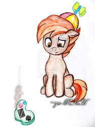 Size: 1024x1365 | Tagged: safe, artist:ya-rina, button mash, earth pony, pony, colt, confused, controller, floppy ears, foal, hat, hooves, male, propeller hat, simple background, sitting, solo, traditional art, video game, watermark, white background