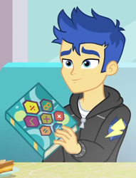 Size: 532x696 | Tagged: safe, screencap, flash sentry, better together, equestria girls, pinkie pie: snack psychic, book, clothes, cropped, hoodie, male, smiling, solo