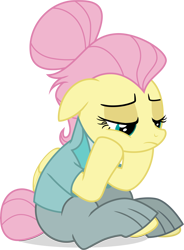 Size: 5577x7578 | Tagged: safe, artist:shutterflyeqd, fluttershy, pegasus, pony, fake it 'til you make it, absurd resolution, alternate hairstyle, clothes, female, hair bun, head in hooves, mare, pants, sad, severeshy, simple background, sitting, solo, tail bun, transparent background, vector