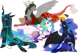 Size: 2531x1712 | Tagged: safe, artist:mythpony, nightmare moon, princess celestia, queen chrysalis, oc, oc:shawn, oc:shawnette, alicorn, changeling, changeling queen, draconequus, pony, belly dancer, clothes, digital art, draconequus oc, female, harem, harem outfit, mare, rule 63, simple background, transparent background