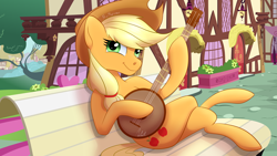 Size: 8000x4500 | Tagged: safe, artist:nivimonster, applejack, earth pony, pony, absurd resolution, art trade, banjo, bench, building, cowboy hat, crossed hooves, female, hat, mare, musical instrument, playing, ponyville, sitting, solo, stetson