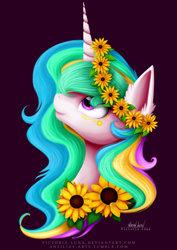 Size: 3507x4960 | Tagged: safe, artist:victoria-luna, princess celestia, alicorn, pony, bust, cute, ear fluff, female, flower, flower in hair, looking up, mare, portrait, profile, smiling, solo, sunflower