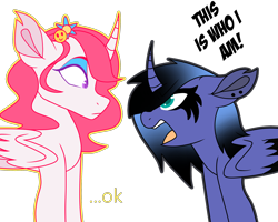 Size: 2500x2000 | Tagged: safe, artist:mewmoonar, derpibooru exclusive, princess celestia, princess luna, alicorn, pony, dialogue, edgy, emo, eyeliner, eyeshadow, flower, flower in hair, hair accessory, hair over one eye, horn, it's not a phase, makeup, okay, piercing, s1 luna, simple background, transparent background, wings, young celestia, younger