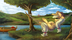Size: 3200x1800 | Tagged: safe, artist:fidzfox, applejack, earth pony, pony, boat, cloud, cowboy hat, featured image, female, floppy ears, hammock, hat, hill, lake, mare, on back, ponyville, relaxing, scenery, sky, smiling, solo, stetson, sweet apple acres, tree, water