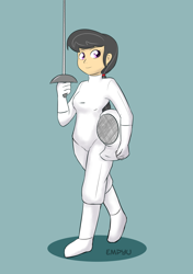 Size: 702x1000 | Tagged: safe, artist:empyu, octavia melody, human, cute, epee, fencing, helmet, humanized, looking at you, martial arts, octavsass, simple background, solo, tavibetes