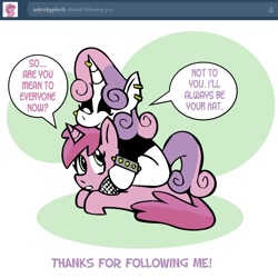 Size: 1500x1500 | Tagged: safe, artist:pembroke, ruby pinch, sweetie belle, ask meanie belle, comic, hat, meanie belle, sweetiehat, tumblr