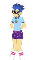 Size: 1000x1800 | Tagged: safe, artist:mashoart, flash sentry, equestria girls, blushing, camp everfree outfits, clothes swap, crossdressing, glasses, grin, male, nervous, nervous grin, simple background, smiling, solo, transparent background