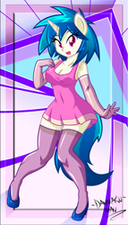 Size: 1433x2500 | Tagged: safe, artist:danmakuman, dj pon-3, vinyl scratch, anthro, breasts, cleavage, clothes, dress, evening gloves, female, high heels, me!me!me!, parody, stockings