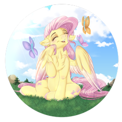 Size: 1024x1026 | Tagged: safe, artist:pvrii, fluttershy, butterfly, pegasus, pony, both cutie marks, chest fluff, cloud, colored hooves, colored wings, colored wingtips, crepuscular rays, cute, ear fluff, eyes closed, female, floppy ears, grass, happy, mare, open mouth, outdoors, raised hoof, shyabetes, simple background, sitting, sky, smiling, spread wings, transparent background, wings