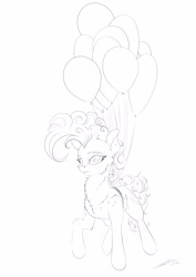 Size: 2893x4092 | Tagged: safe, artist:skitsroom, pinkie pie, earth pony, pony, balloon, female, floating, lineart, mare, monochrome, simple background, smiling, solo, then watch her balloons lift her up to the sky, white background