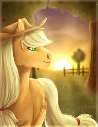 Size: 1700x2200 | Tagged: safe, artist:lou1911, applejack, earth pony, pony, apple tree, female, fence, fluffy, mare, solo, sunset, tree, twilight (astronomy)