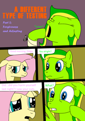 Size: 1750x2485 | Tagged: safe, artist:didgereethebrony, fluttershy, oc, oc:boomerang beauty, oc:didgeree, pegasus, pony, comic:a different type of testing, bandage, boomeree, yawn