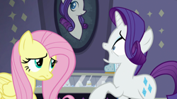 Size: 1920x1080 | Tagged: safe, screencap, fluttershy, rarity, pegasus, pony, unicorn, fake it 'til you make it, cute, duo, female, looking at each other, mare, open mouth, rarity for you, sad, scared, shyabetes