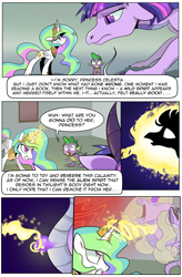 Size: 1800x2740 | Tagged: safe, artist:candyclumsy, princess celestia, spike, twilight sparkle, twilight sparkle (alicorn), alicorn, dragon, ghost, pony, comic:celestia's cronenberg, canterlot, canterlot castle, casting, comic, commissioner:bigonionbean, confusion, dialogue, dragon eyes, dragoness, dragonified, female, jewelry, magic, possessed, regalia, shocked, smoke, snorting, species swap, spirit, transformation, twilidragon, writer:bigonionbean