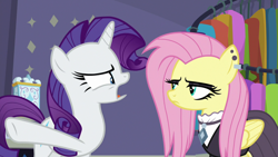 Size: 1280x720 | Tagged: safe, screencap, fluttershy, rarity, pegasus, pony, unicorn, fake it 'til you make it, fluttergoth