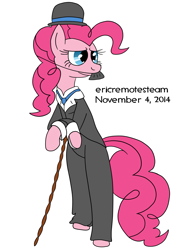 Size: 1275x1755 | Tagged: safe, artist:ericremotesteam, pinkie pie, earth pony, pony, bipedal, bipedal leaning, bowler hat, cane, charlie chaplin, clothes, crossed arms, digital art, facial hair, hat, leaning, moustache, paint tool sai, simple background, solo, standing, white background