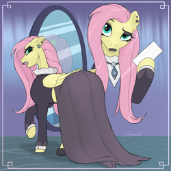 Size: 1280x1280 | Tagged: safe, artist:arareroll, fluttershy, pegasus, pony, fake it 'til you make it, black lipstick, clothes, ear piercing, eyeshadow, female, fluttergoth, goth, lipstick, looking at you, makeup, mare, piercing