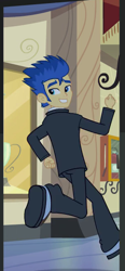 Size: 305x657 | Tagged: safe, screencap, flash sentry, equestria girls, equestria girls (movie), clothes, cropped, fall formal outfits, male, pants, running, shoes, smiling, solo