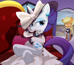 Size: 2400x2120 | Tagged: safe, artist:geraritydevillefort, applejack, rarity, earth pony, pony, unicorn, ppov, beverage, butler, clothes, costume, crossed hooves, ear piercing, earring, female, food, glass, hoof hold, jewelry, piercing, raristocrat, rose dewitt bukater, sandwich, sofa, titanic, tray, unamused, underhoof