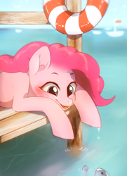 Size: 1440x1990 | Tagged: safe, artist:dagmell, pinkie pie, earth pony, fish, pony, chromatic aberration, female, lifebuoy, looking down, mare, ocean, pier, prone, solo, water