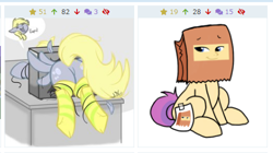 Size: 500x280 | Tagged: safe, artist:jen-neigh, artist:paperbagpony, derpibooru exclusive, edit, derpy hooves, flash sentry, oc, oc:paper bag, pony, clothes, derpibooru, funny, juxtaposition, meta, oops, paper bag, silly, silly face, silly pony, socks, striped socks