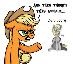 Size: 610x540 | Tagged: safe, artist:tenaflyviper, derpibooru import, edit, applejack, derpy hooves, earth pony, pegasus, pony, and then there's this asshole, derpibooru, female, mare, simple background, solo, vulgar