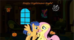 Size: 3228x1744 | Tagged: safe, artist:ilovegreendeathsalot, derpibooru import, flash sentry, fluttershy, pegasus, pony, female, flutterflash, halloween, holiday, male, shipping, straight