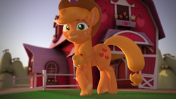 Size: 2048x1152 | Tagged: safe, artist:celestialswirl, applejack, earth pony, pony, 3d, 3d studio max, barn, crossed arms, fence, grin, poster, smiling, solo, sweet apple acres