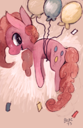 Size: 792x1224 | Tagged: safe, artist:blekc, pinkie pie, earth pony, pony, balloon, female, floating, looking at you, mare, profile, smiling, solo, then watch her balloons lift her up to the sky