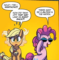 Size: 409x421 | Tagged: safe, artist:tonyfleecs, idw, applejack, pinkie pie, earth pony, pony, from the shadows, spoiler:comic, spoiler:comic53, confused, cropped, deja vu, duo, error, female, glitch, hatless, mare, missing accessory, neo, official comic, reference, simple background, speech bubble, sunglasses, the matrix, time loop, yellow background