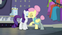 Size: 1920x1080 | Tagged: safe, screencap, fluttershy, rarity, pegasus, pony, unicorn, fake it 'til you make it, clothes, duo, eyes closed, female, hair bun, kiss on the cheek, kissing, la bise, mare, out of context, platonic kiss, raised hoof, severeshy, shipping fuel