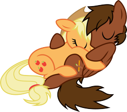 Size: 2267x2000 | Tagged: safe, artist:audiobeatzz, applejack, oc, oc:plushie, earth pony, pegasus, pony, canon x oc, cuddling, high res, male, shipping, simple background, stallion, transparent background