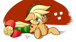 Size: 4800x2700 | Tagged: safe, artist:tg1117, applejack, earth pony, pony, absurd resolution, alternate hairstyle, bow, chest fluff, clothes, cute, floppy ears, jackabetes, lying down, prone, socks, solo, striped socks, tail bow