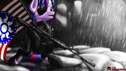 Size: 1920x1080 | Tagged: safe, artist:tsaritsaluna, derpibooru import, twilight sparkle, assault rifle, eyepatch, flag, future twilight, gun, konami, metal gear, rain, scar, soldier, solo, wet mane