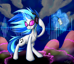 Size: 2200x1900 | Tagged: safe, artist:benjik, dj pon-3, vinyl scratch, pony, unicorn, cutie mark, female, glowing horn, headphones, hooves, horn, levitation, magic, mare, music player, newbie artist training grounds, smiling, solo, sunglasses, telekinesis