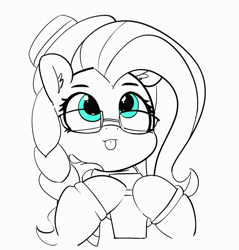 Size: 1280x1341 | Tagged: safe, artist:pabbley, fluttershy, pegasus, pony, fake it 'til you make it, 30 minute art challenge, clothes, cute, female, hipstershy, mare, monochrome, shyabetes, simple background, sketch, smiling, solo, tongue out, white background