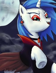 Size: 1275x1650 | Tagged: safe, artist:fox-moonglow, dj pon-3, vinyl scratch, pony, undead, unicorn, vampire, vampony, clothes, dress, fangs, female, hooves, horn, mare, moon, night, open mouth, solo