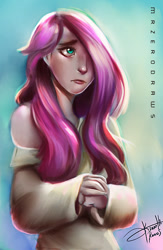 Size: 564x866 | Tagged: safe, artist:bunsogen, fluttershy, human, clothes, female, hair over one eye, humanized, sad, signature, solo