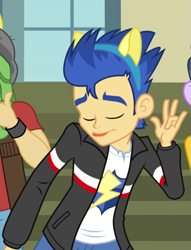 Size: 617x808 | Tagged: safe, screencap, flash sentry, microchips, sandalwood, equestria girls, friendship games, clothes, cropped, cute, diasentres, eyes closed, jacket, male, right there in front of me, solo focus, tongue out