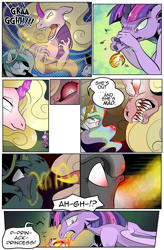 Size: 1800x2740 | Tagged: safe, artist:candyclumsy, princess celestia, spike, twilight sparkle, twilight sparkle (alicorn), alicorn, dragon, ghost, pony, comic:celestia's cronenberg, canterlot, canterlot castle, casting, comic, commissioner:bigonionbean, confusion, dialogue, dragon eyes, dragoness, dragonified, enraged, female, jewelry, loving gaze, magic, possessed, regalia, shocked, smoke, snorting, species swap, spirit, transformation, twilidragon, writer:bigonionbean